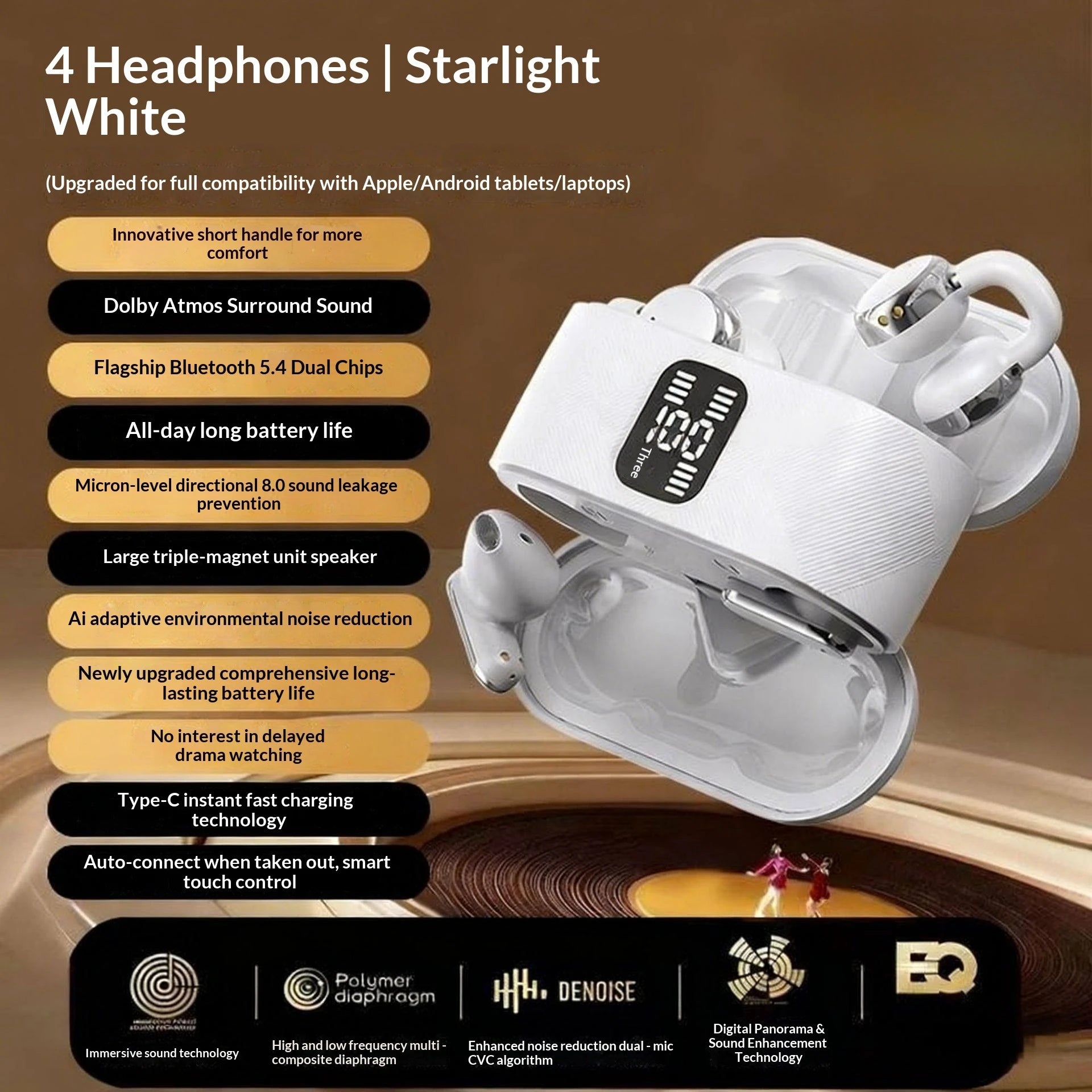 New Q16 In-Ear 2-in-1 Couple Earphones LED Power Display Noise Reduction Long Endurance Fashion Ear-Clip  Headsets For Game