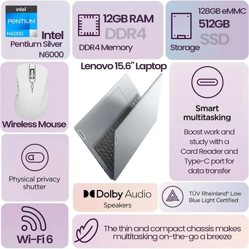15.6 HD Laptop, Intel Quad-Core, 12GB RAM, 384GB Storage, 1 Year Office 365, HDMI, Wi-Fi 6, Windows 11 Home, Wireless Mouse Bund